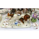 A pottery figure of a spaniel; another dog figure; 2 china figures and "Old Country Roses" trinkets;