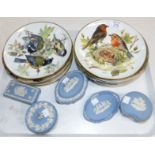 A selection of collectors' plates depicting garden birds; 5 pieces of blue Wedgwood Jasperware