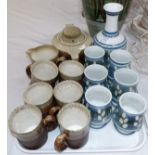 A Rye pottery tea set; a Rye pottery set of 6 goblets with carafe