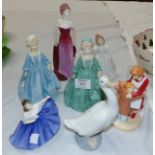 A Royal Worcester figure Grandmother's Dress, 3081; another, blue, 3081; 2 Royal Doulton figures