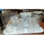 A set of cut glass vases and pottery including a Victorian celery vase