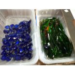 A selection of cut glass drops, blue, green and clear