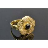 18ct Yellow Gold Diamond RingHandcrafted flower design with a central rub setsapphire and