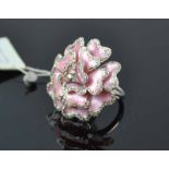 18ct White Gold Enamelled Diamond RingA Russian made pink enamelled three tiered petalring with