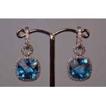 18ct White gold Topaz Diamond EarringsSwiss blue faceted cushion shape Topaz, approx.11mm each set