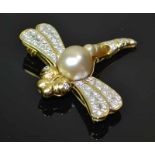 18ct Dragonfly Pearl BroochA cream baroque pearl body with micro pave diamondset wings and tail,