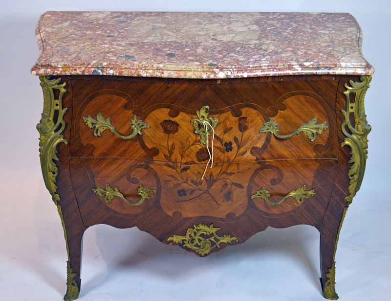 A French Kingwood, Bombe Shape, Two Drawer Chest of Drawers, with Marble TopLate 19th centuryThe