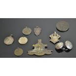 A Collection of Various Medals, Fobs, Buttons,  - Good Luck Tokens, and Military Hat Badge -