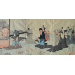 Artist Unknown: Japanese Woodblock Print   - Samurai Scenes - Signed with seal marks - 32 x 67cm