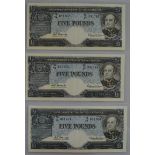 Three Commonwealth of Australia, Consecutive,  - Five Pound Notes - Coombs & Wilson signature (