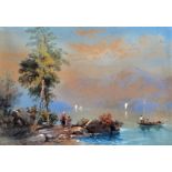 Charles Edmund Rowbotham 1856 – 1921 (British) - Lake Scene - Watercolour  - Signed lower left -