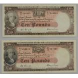 Two Commonwealth of Australia, Consecutive,  - Ten Pound Notes - Coombs & Wilson signature (R62) -