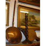 Early 20th century barley twist oak table lamp, bellows and copper bed pan