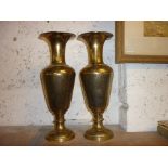 Pair similar brass baluster vases with foliate decoration 14" high