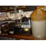 Tilley lamp, Jaynay tripod, Art Deco mantel clock, Price Bros. stoneware keg, scale & weights, oil