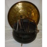 Brass tray, cast iron cauldron, foot scraper, fire irons etc