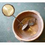 Early 19th century dough bowl, gent's toilet mirror and butcher's hook