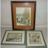 Three framed watercolours of Wells by local artist David Rogers, 16 x 12.5" is the largest
