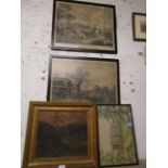 Gilt framed scenic oil plus pair engravings etc