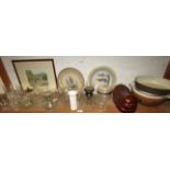 Quimper plates, Glastonbury Tor picture, glassware, Denby casserole dish etc