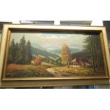 Framed continental mountain scene acrylic oil painting