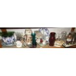 Shelf mixed effects incl. blue and white jardiniere, glassware, pottery figures etc