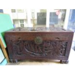 Camphorwood heavily carved chest with top inner drawer and stylised animal feet 41"w x 23h x 20d
