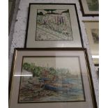 Framed North Wales harbour scene watercolour signed David Horobin plus tapestry