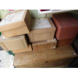 Group of vintage shop advertising sale boxes in cardboard with original paper labels, mostly hat