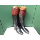 Early 20th century pair of leather top boots with wooden trees, size 9/10, with bags.  Owner won