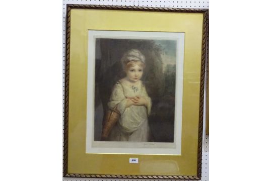 A framed coloured mezzotint portrait of a little girl after Reynolds ...