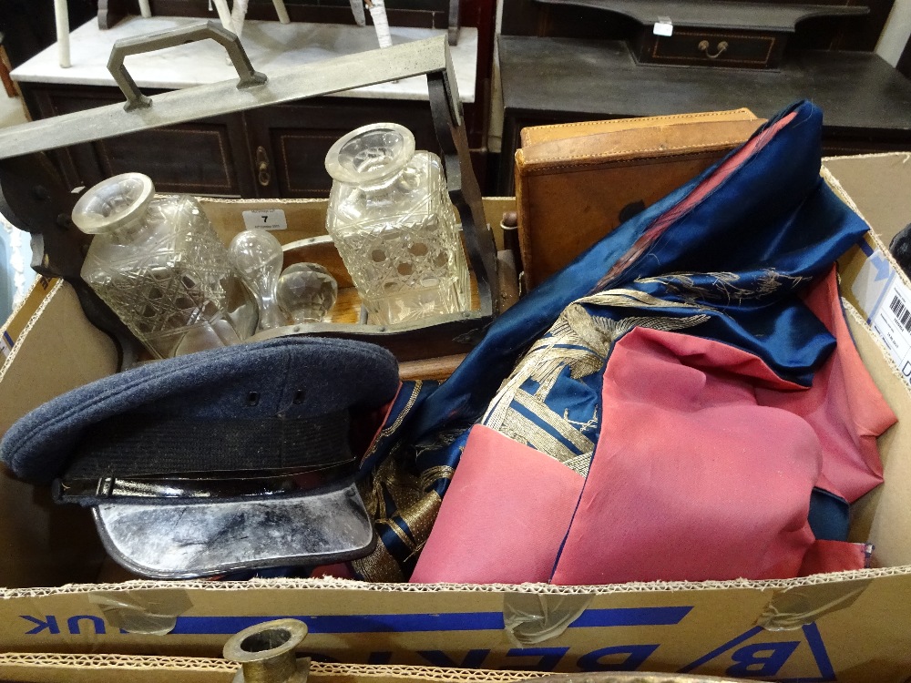 Sundries to include part tantalus, leather suitcase, hat etc.