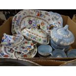 Embossed Wedgwood blue and white teawares, dinnerwares, meat plates etc.