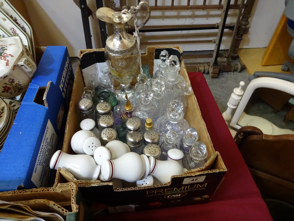 Scent bottles, claret jug, salt and peppers