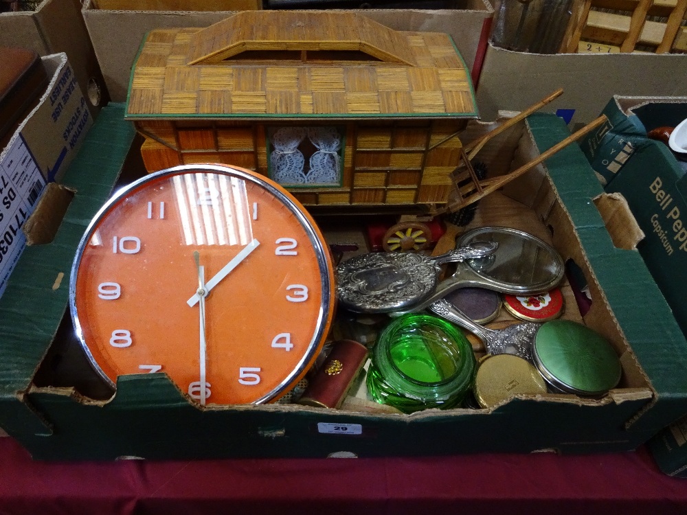 Matchbox caravan, metamec clock, dressing table sets etc.