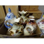 Blue and white lidded vase, opaque glass vases, mantel vases etc. (af)