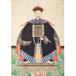 CHINESE PAINTED HANGING SCROLL depicting an emperor, script signature to the reverse, 126cm long