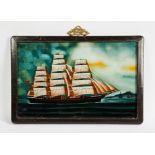 CHINESE REVERSE PAINTING ON GLASS depicting a sailboat, in wooden frame, 34cm x 59cm overall