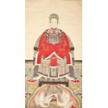 CHINESE PAINTED HANGING SCROLL depicting an empress, script signature to the reverse, 134cm long