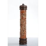 CHINESE CARVED WOOD SCROLL HOLDER the top with bats, the body with pierced figural carving, 31.5cm