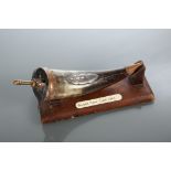 18TH CENTURY SCOTTISH HORN POWDER FLASK  with white metal, copper and brass mounts, engraved '