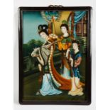 CHINESE REVERSE PAINTING ON GLASS depicting three women, in wooden frame, 58cm x 43cm overall