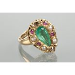 IMPRESSIVE EMERALD, DIAMOND, RUBY AND PEARL RING the bezel early eighteenth century and set with a