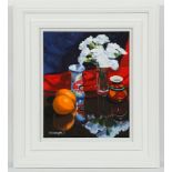 FRANK COLCLOUGH, STUDY WITH CARNATIONS & ORANGES oil on board, signed, signed and titled verso