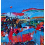 MAY BYRNE, PATCHWORK COLOURS, UIST mixed media, signed 40cm x 40cm Framed and under glass