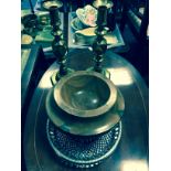 LOT AMENDED - PAIR OF 'QUEEN OF DIAMONDS' BRASS CANDLESTICKStogether with other glass, wooden bowl