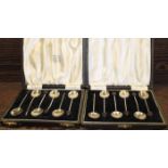TWO CASED SETS OF SILVER COFFEE SPOONS
all with coffee bean shaped finials, some damaged or missing,