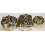 THREE SILVER TRINKET BOXES
including a cat with marcazite,