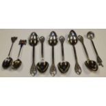 SET OF SEVEN SOUTH AMERICAN SILVER LLAMA FINIAL COFFEE SPOONS 
and two souvenir spoons