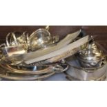 LOT OF VARIOUS PLATED WARE
including a teapot, sugar and cream, serving spoons, dishes etc.